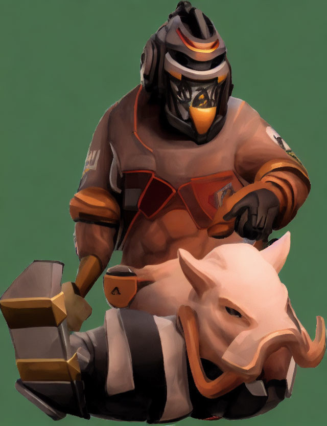 Futuristic character in orange armor holding pink pig-like creature on green background