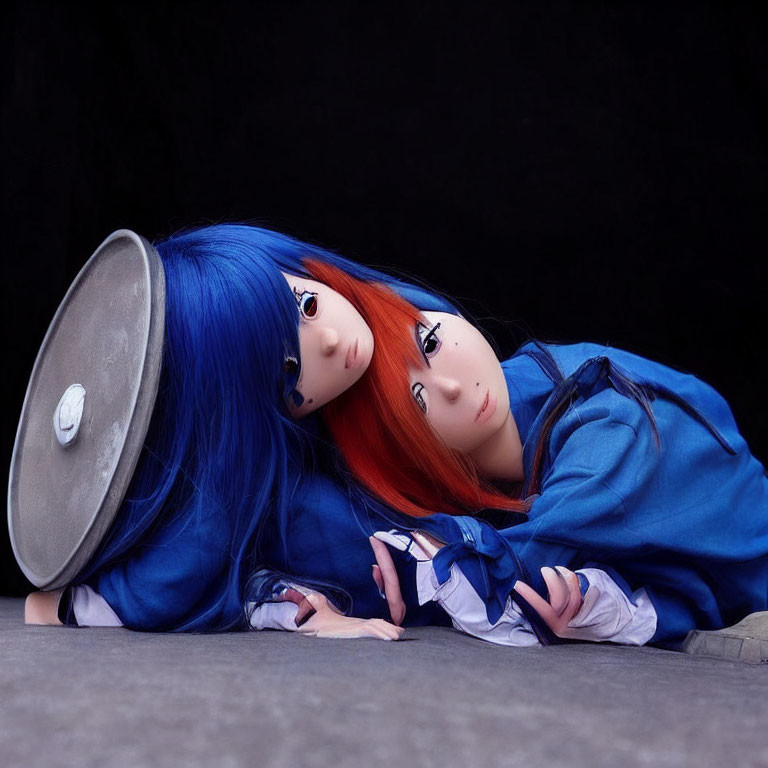 Vibrant blue and red hair individuals in blue outfits lying on the ground with overturned silver prop