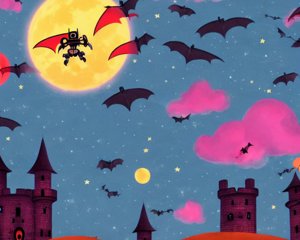 Whimsical night sky with yellow moon, bats, stars, and castles