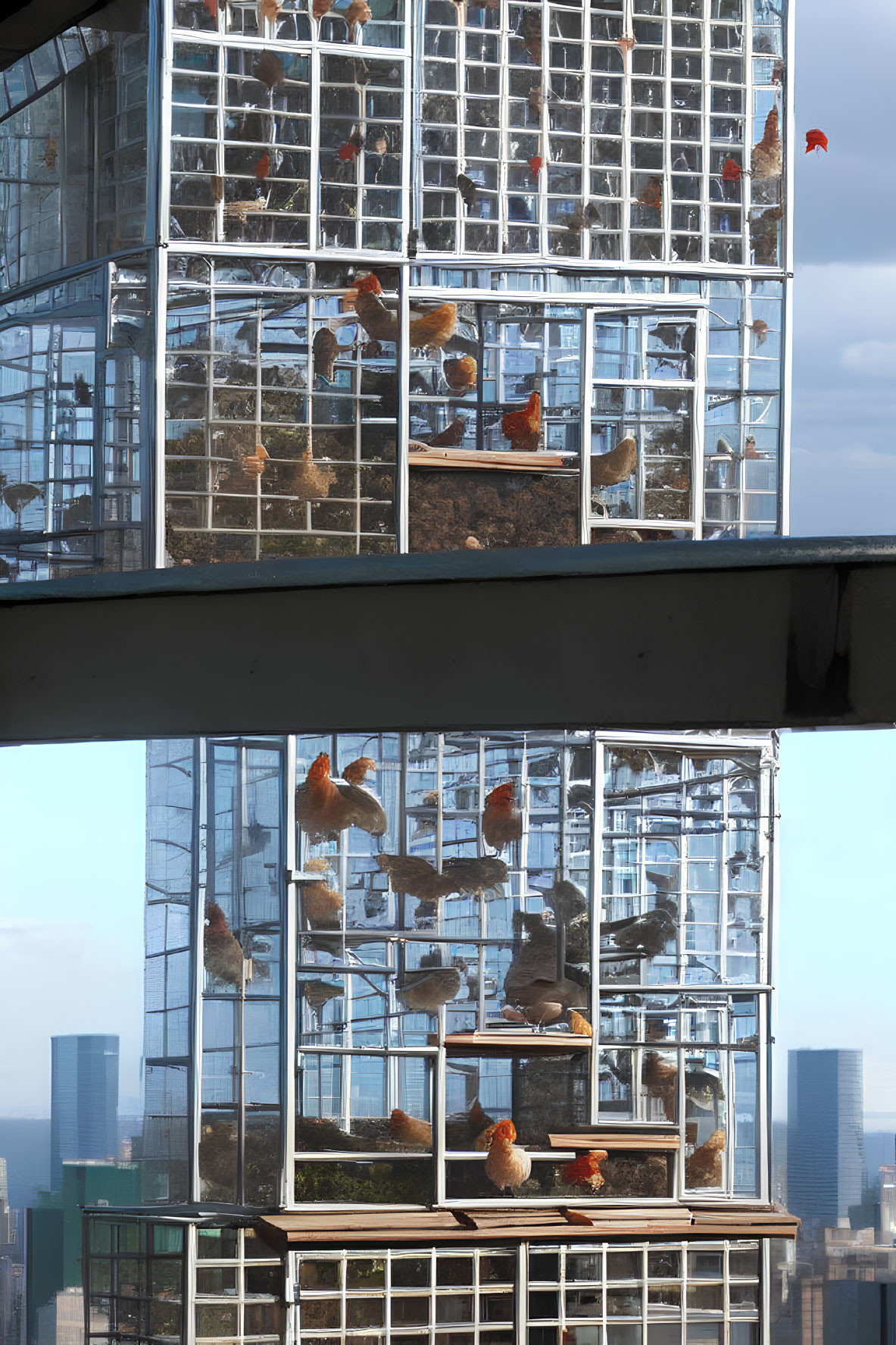 Urban hens on glass facade: daylight to dusk transition
