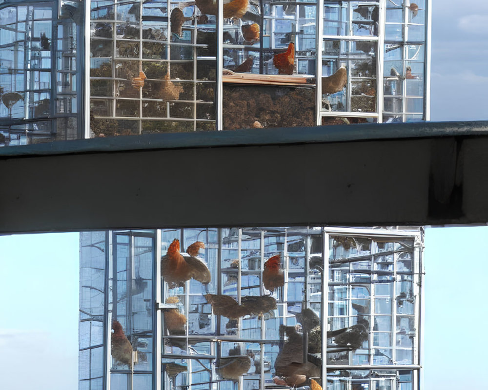 Urban hens on glass facade: daylight to dusk transition