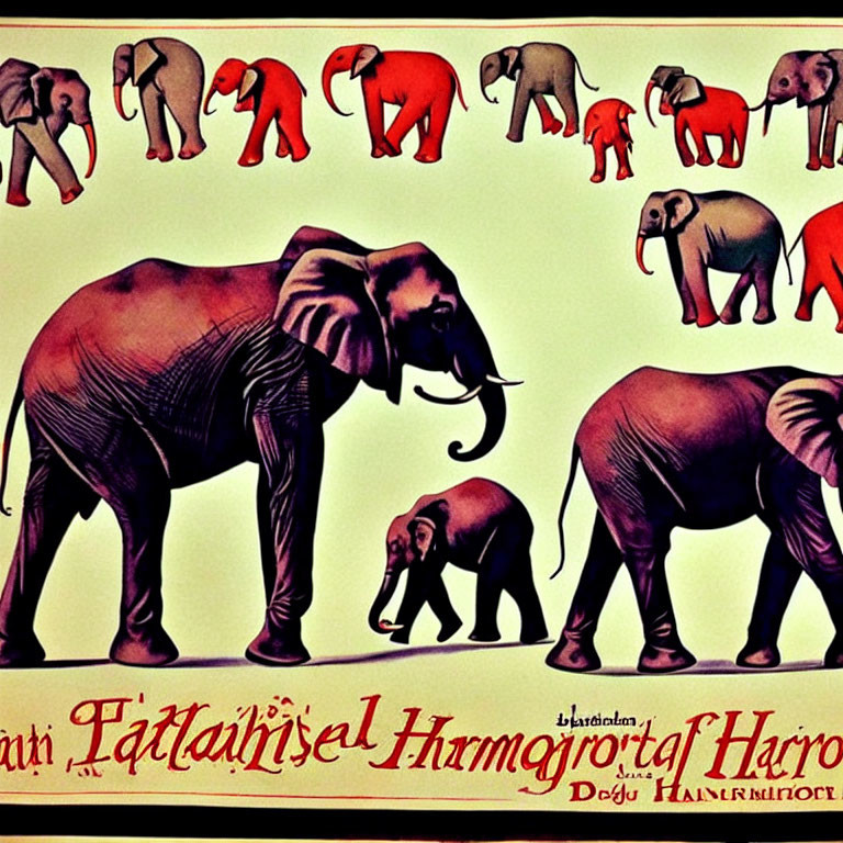 Stylized Elephant Illustrations on Vintage Poster