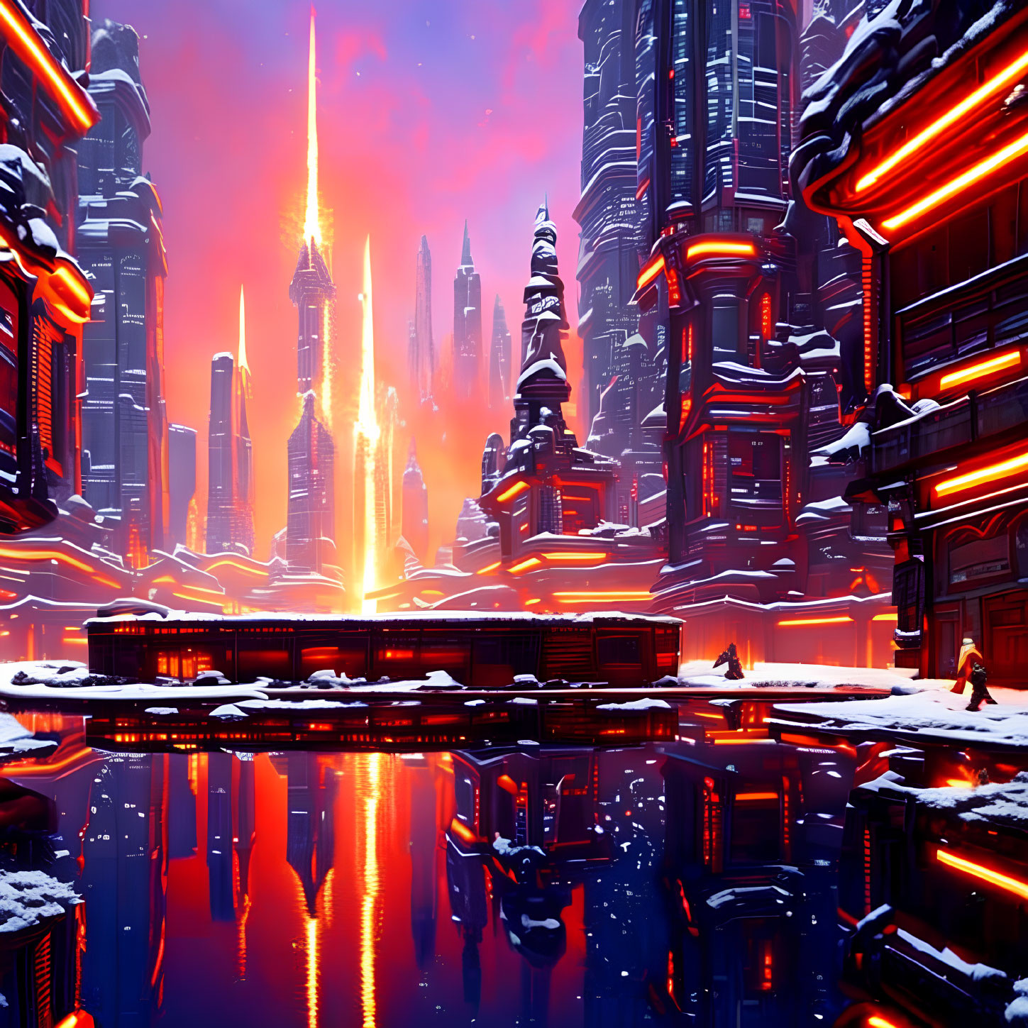 Snow-covered futuristic cityscape with neon-lit skyscrapers reflected in calm water at dusk