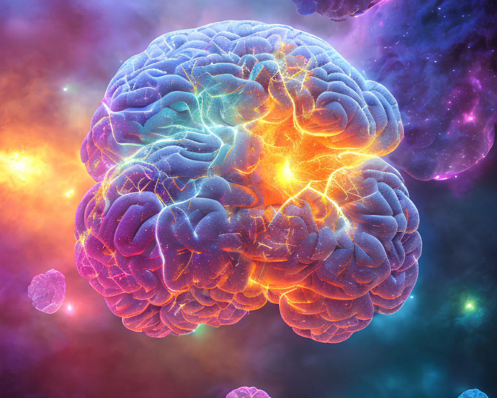 Colorful human brain illustration with neon hues and electric impulses, set in a cosmic scene