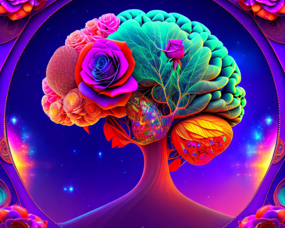 Colorful Psychedelic Tree Artwork with Brain-Shaped Canopy