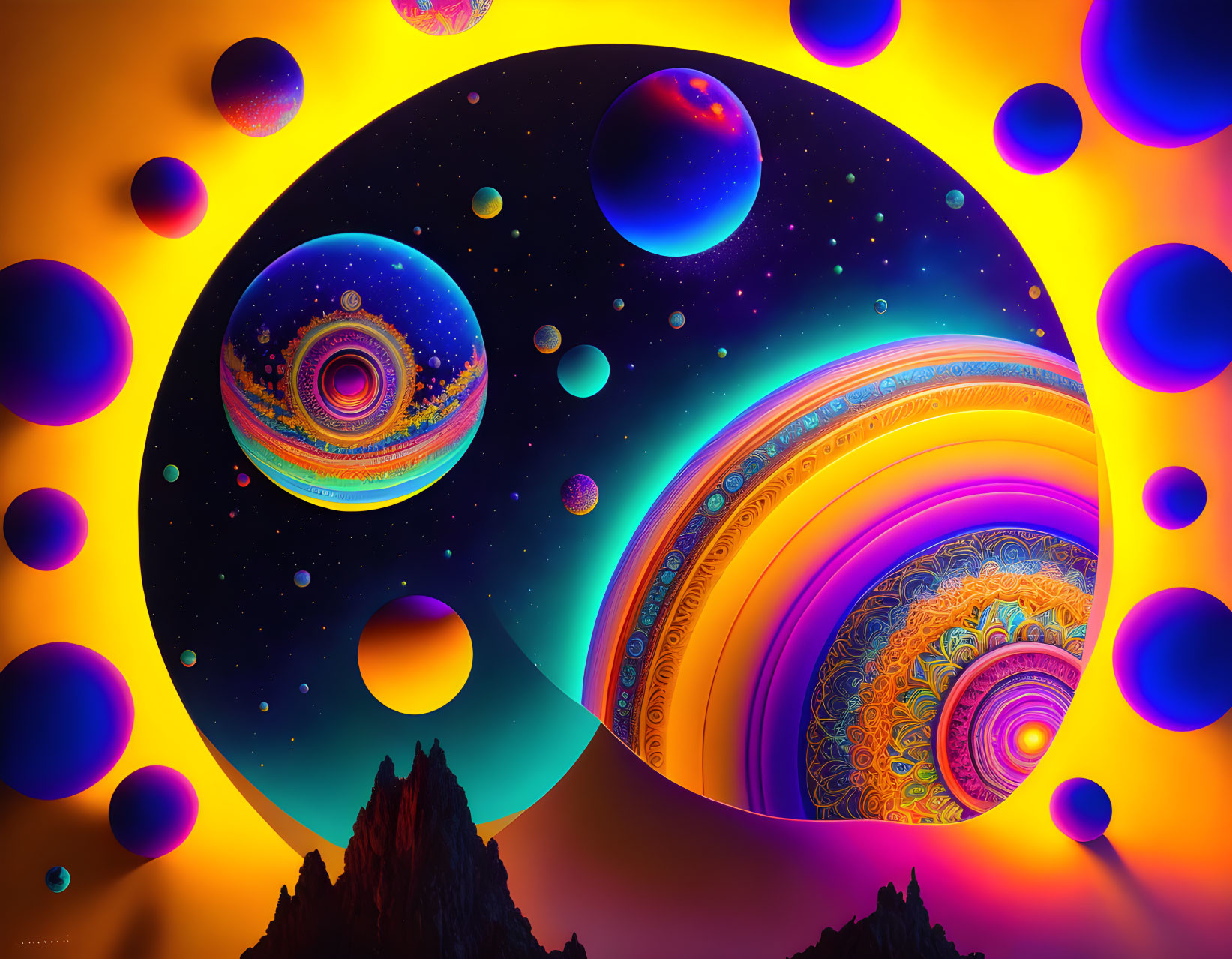 Colorful Psychedelic Digital Art: Cosmic Landscape with Orbs & Fractals