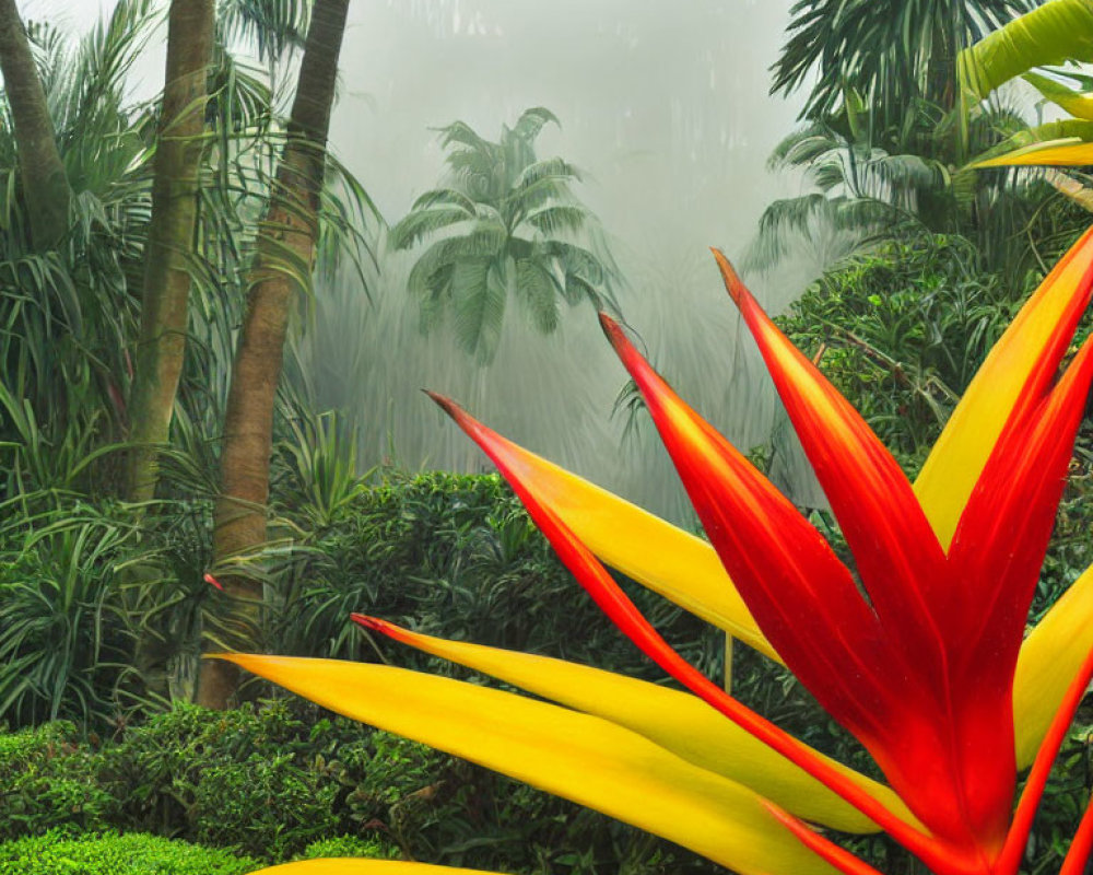 Colorful Tropical Flower with Palm Trees and Greenery in Misty Background