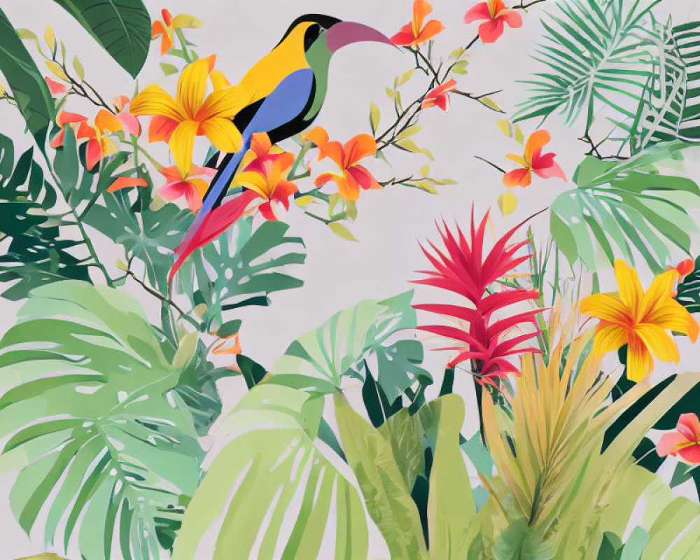 Colorful Bird Perched on Branch Among Tropical Flowers and Foliage