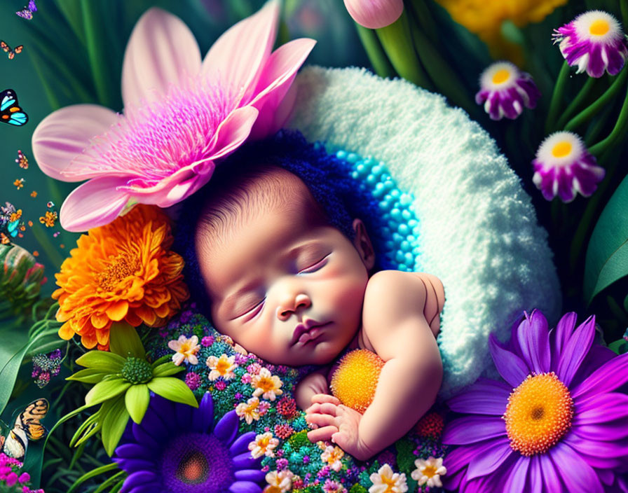 Sleeping Baby Surrounded by Colorful Flowers and Greenery