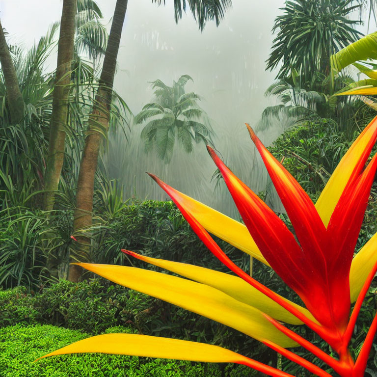 Colorful Tropical Flower with Palm Trees and Greenery in Misty Background