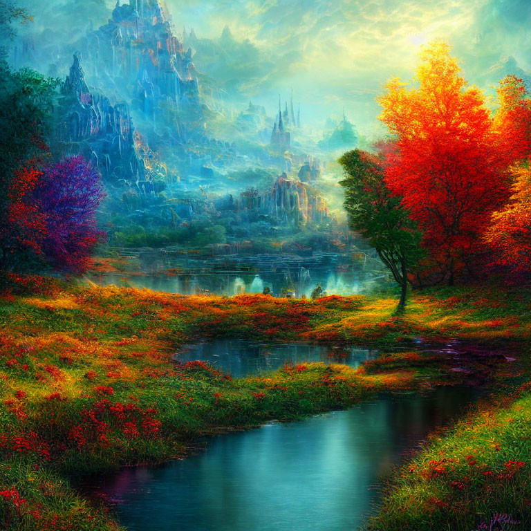 Luminous river and mystical spires in vibrant fantasy landscape