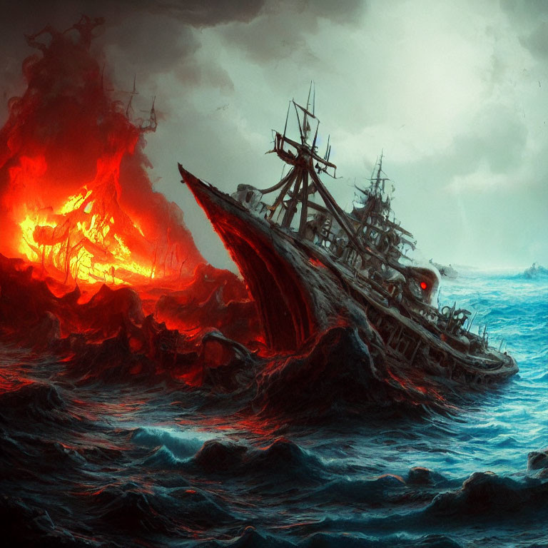 Ghostly Pirate Ship Sailing in Stormy Seas with Fiery Explosion