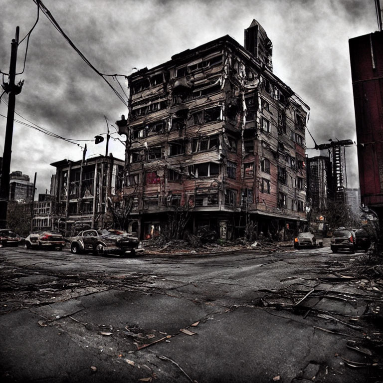 Abandoned urban scene with dilapidated building and debris-covered street