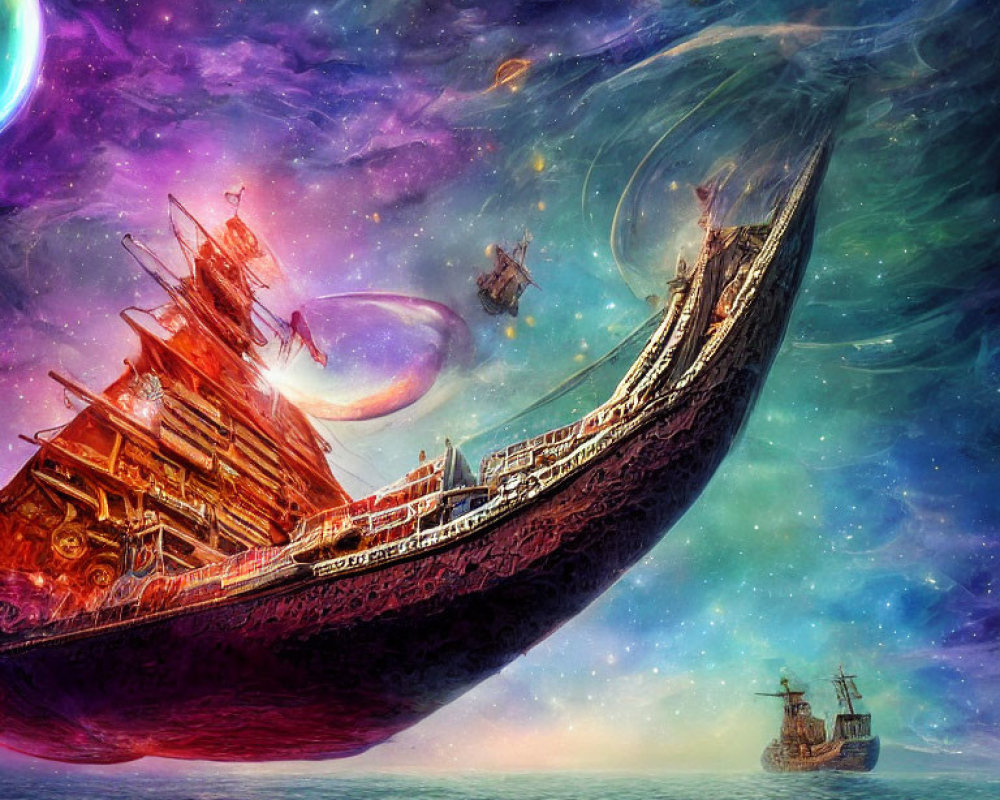 Large ornate ships sailing through a colorful cosmic sky with planets and nebulas