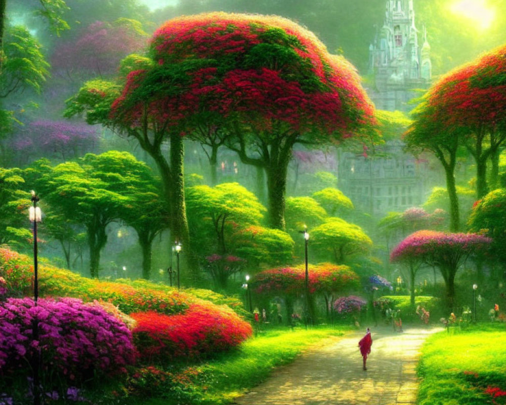 Person in red walking through vibrant fantasy garden to distant castle