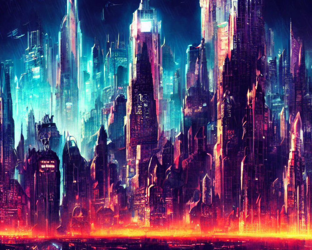 Futuristic cityscape with neon-lit skyscrapers at night