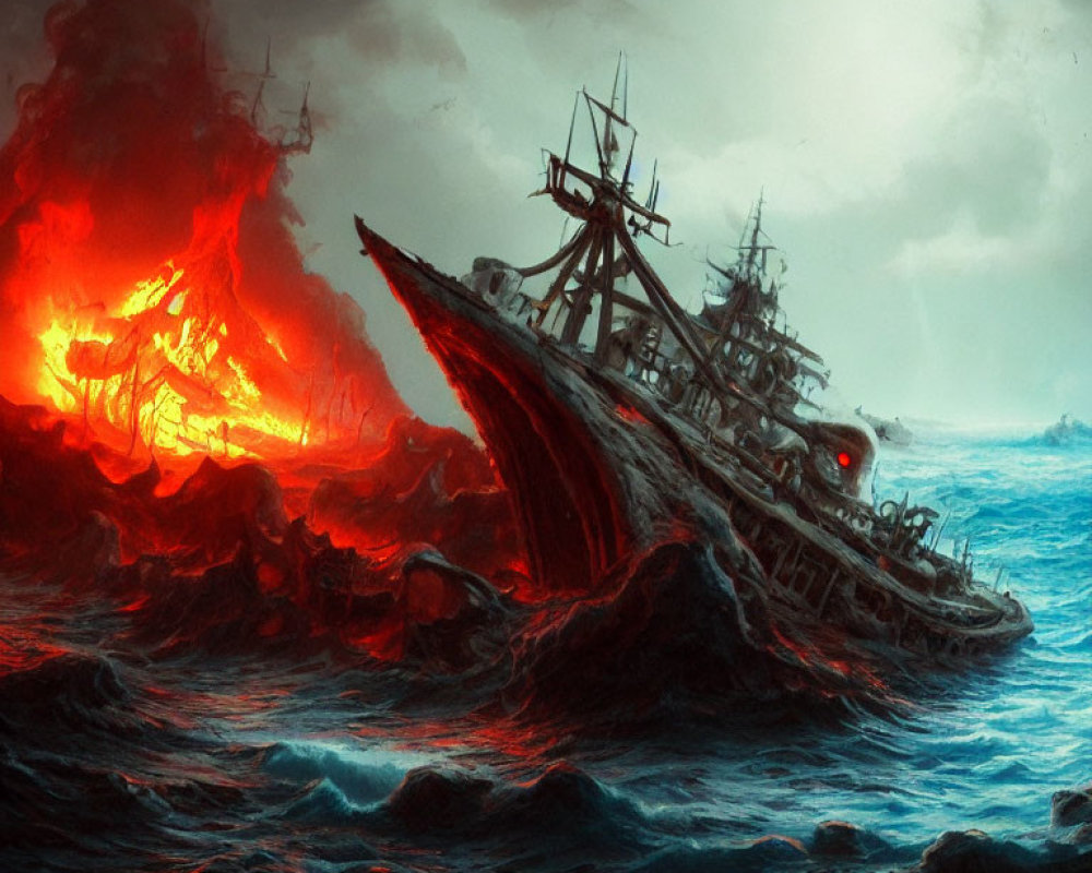 Ghostly Pirate Ship Sailing in Stormy Seas with Fiery Explosion
