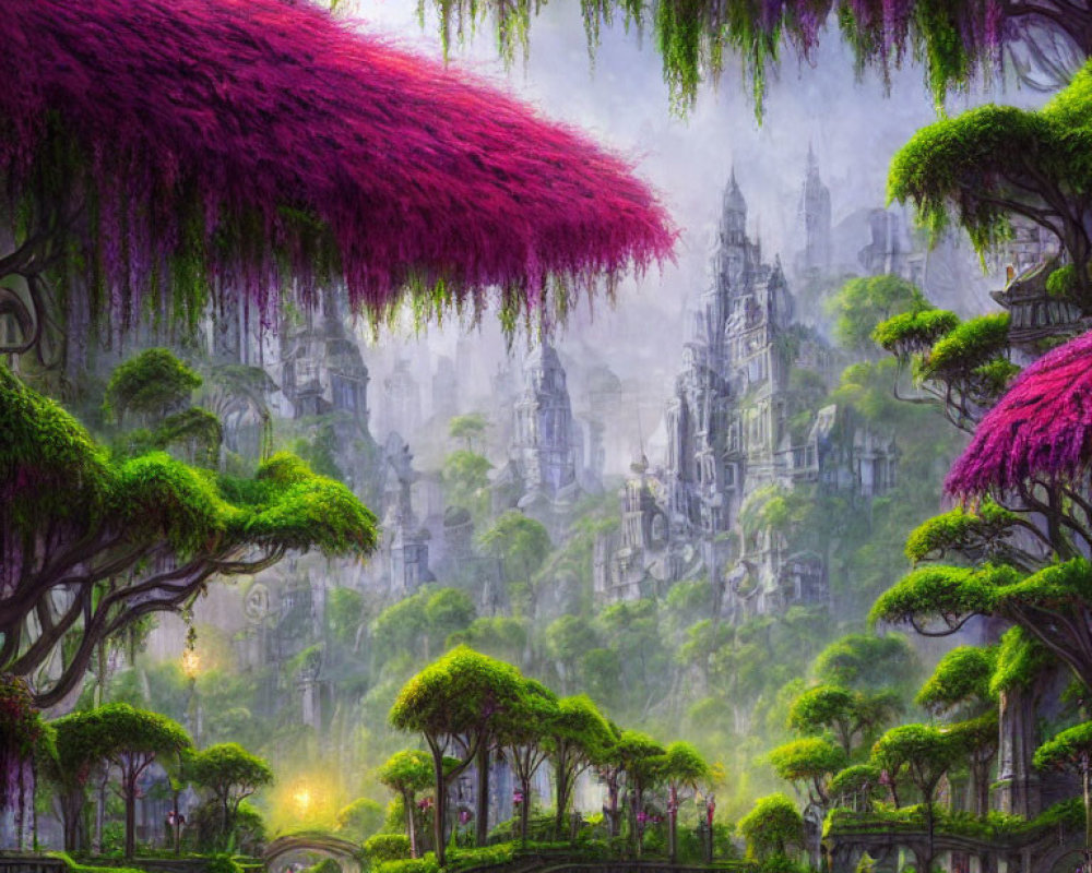Fantasy landscape with magenta trees, foggy castle, and ornate bridge