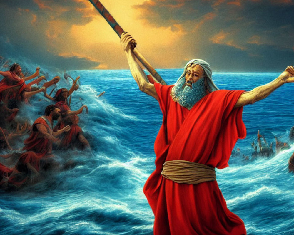 Elderly Figure in Robes Controlling Sea Amid Chaos