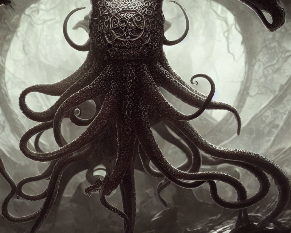 Detailed Dark Illustration of Giant Octopus with Intricate Patterns