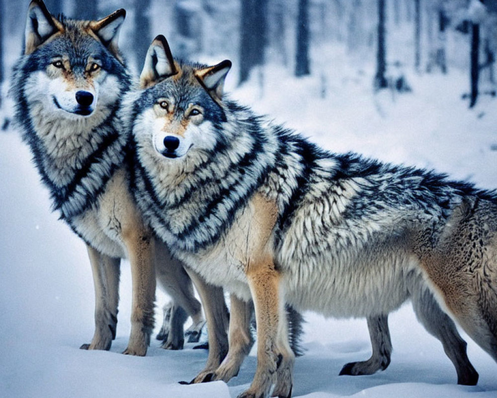 Snowy forest scene featuring two camouflaged wolves