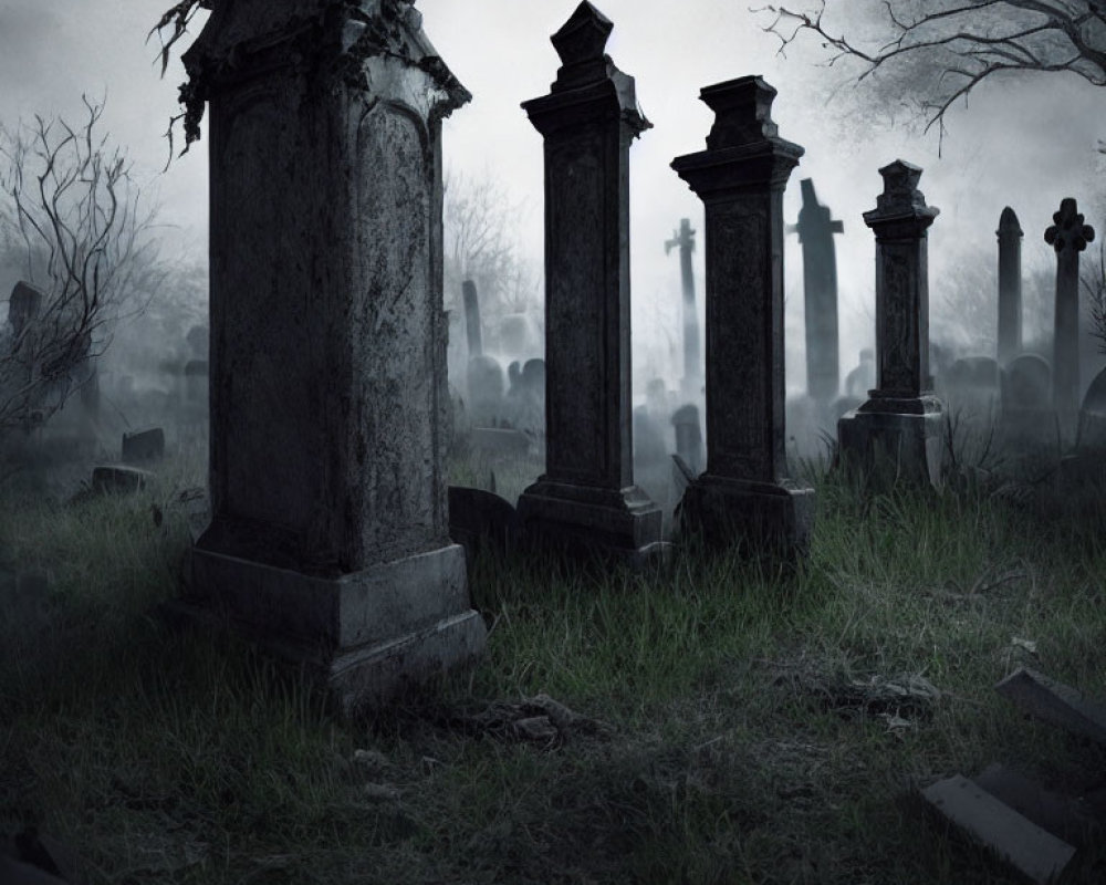 Full Moon Over Weathered Tombstones in Gloomy Night Graveyard
