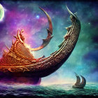Large ornate ships sailing through a colorful cosmic sky with planets and nebulas