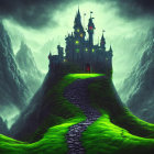 Mystical castle on grassy hill with green mist under twilight sky