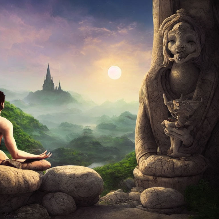 Person meditates by lion statue with small creature overlooking misty valley and castle at sunrise