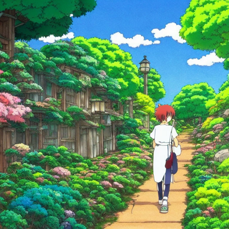 Red-haired character in white outfit walking among lush greenery and colorful trees by traditional wooden houses.