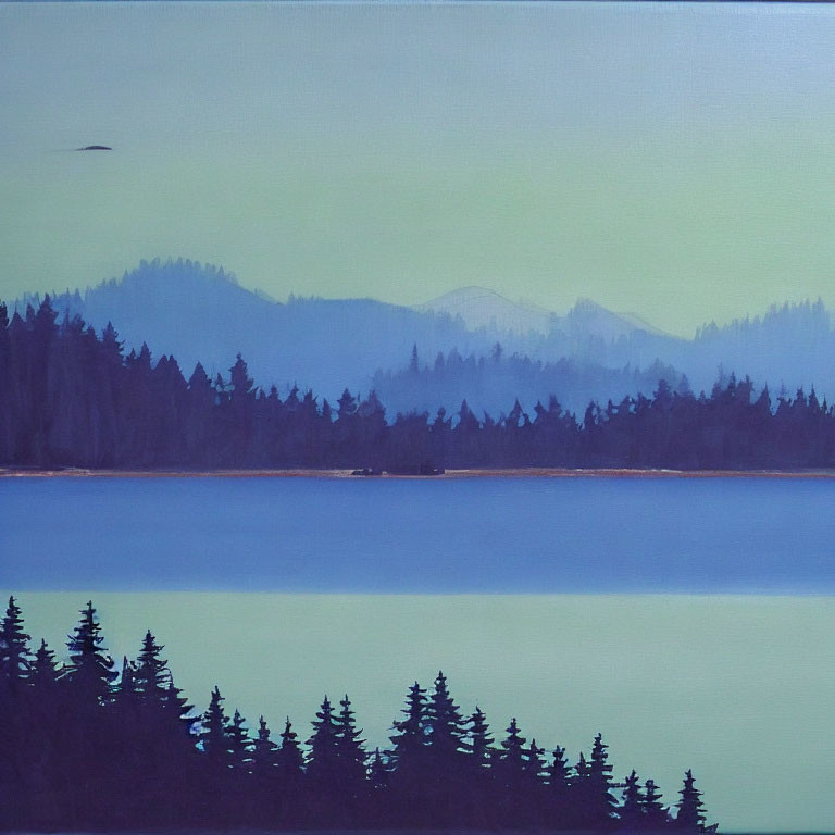 Tranquil landscape painting: pine forests, blue lake, misty mountains.