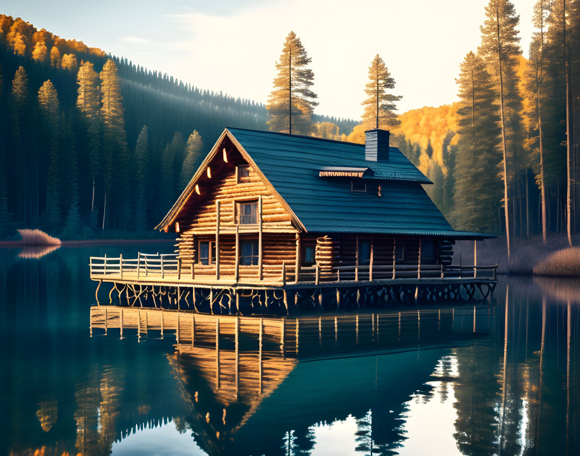 Tranquil Wooden Cabin on Calm Lake at Sunrise
