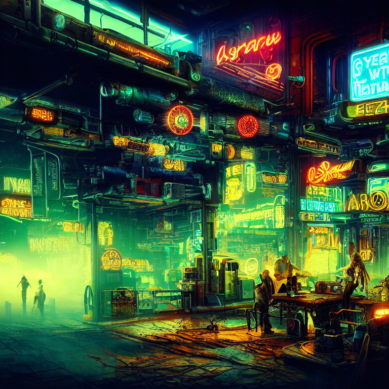 Vibrant cyberpunk streetscape with neon signs and bustling shops