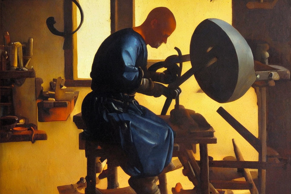 Man in Blue Apron Working on Grinding Wheel in Workshop with Tools and Warm Light