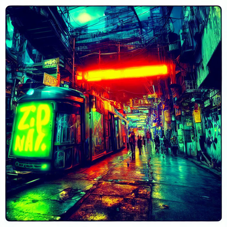 Vibrant neon-lit street scene with graffiti tram, wet pavement, and tangled power lines.