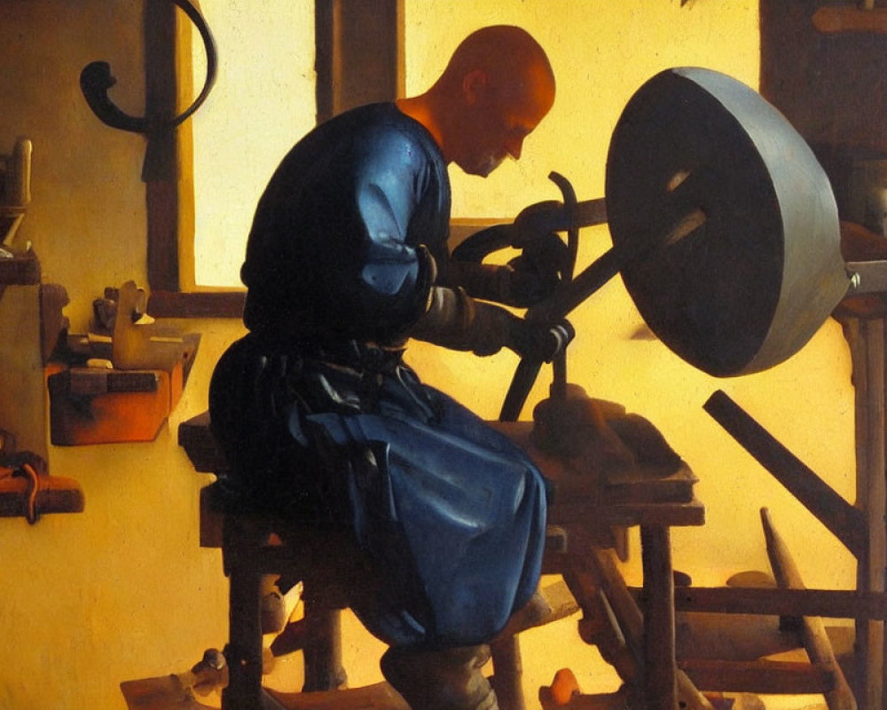 Man in Blue Apron Working on Grinding Wheel in Workshop with Tools and Warm Light