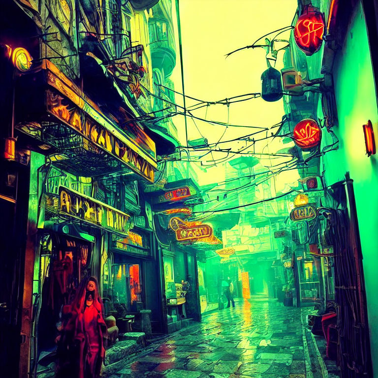 Neon-lit alleyway with wet cobblestones and eclectic signage