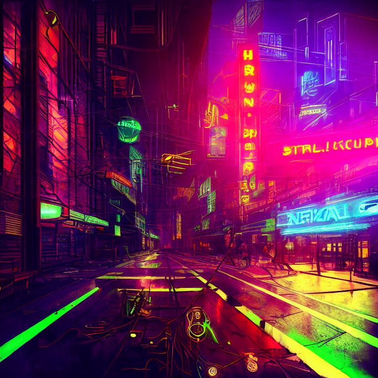 Neon-lit futuristic cityscape with cyberpunk aesthetics
