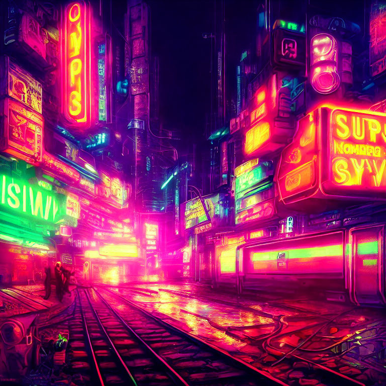 Futuristic cyberpunk cityscape with neon signs and glowing train track