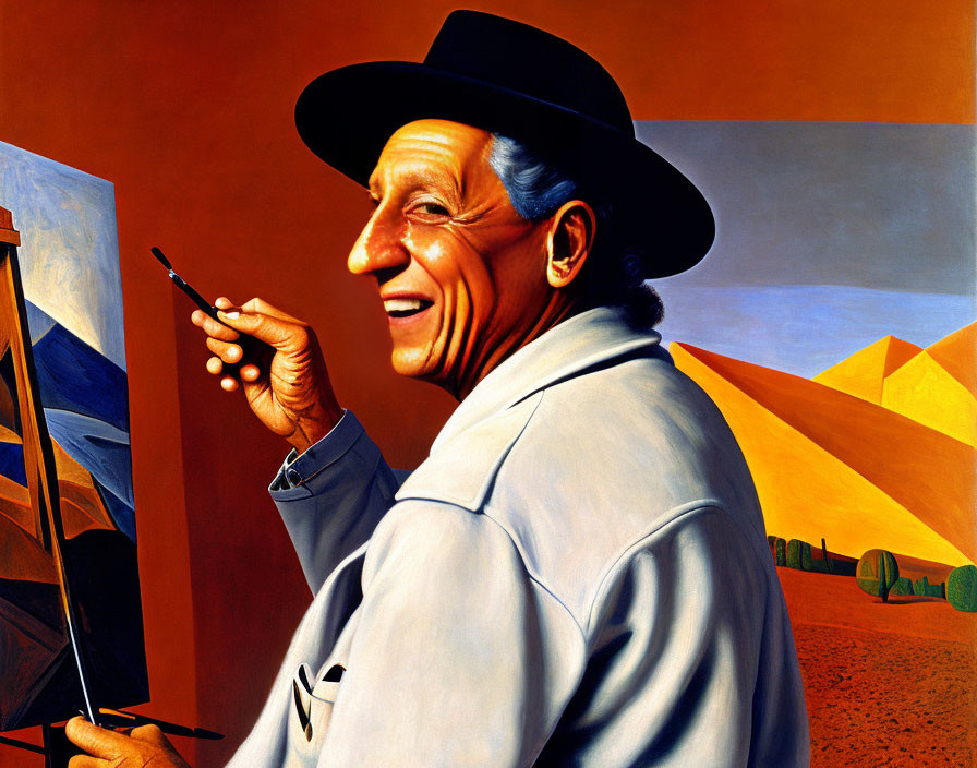 Smiling man in black hat painting outdoors with colorful mountains