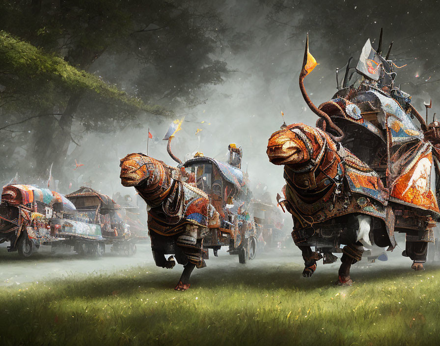 Armored war elephants and chariots in misty forest clearing