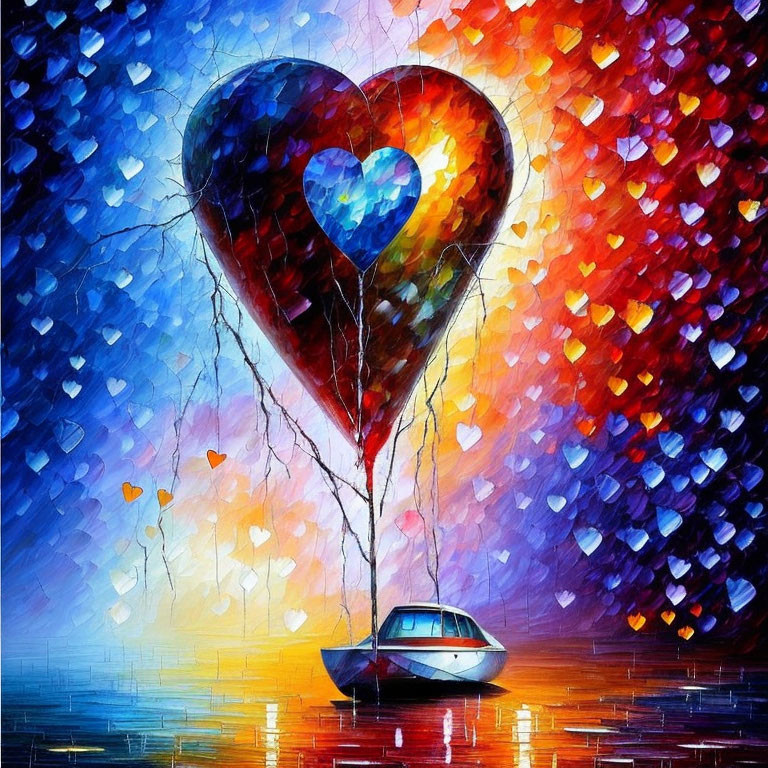 Colorful Heart Balloon Floats Above Boat in Vibrant Painting