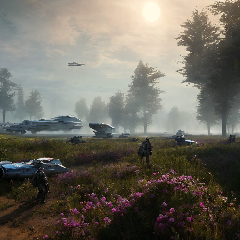 Military vehicles, armed figures, spaceships in misty forest clearing