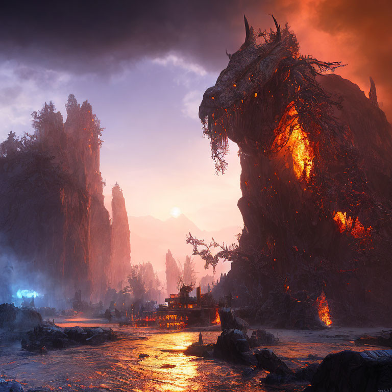 Dramatic landscape with fiery dragon and setting sun