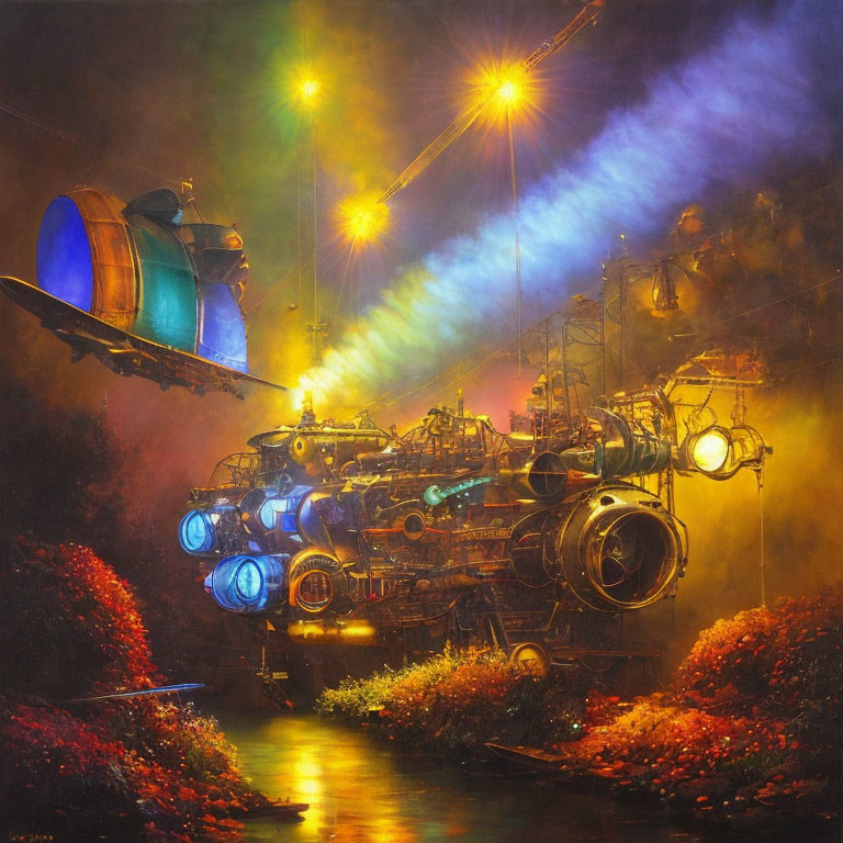 Vibrant steam train in illuminated fantasy landscape