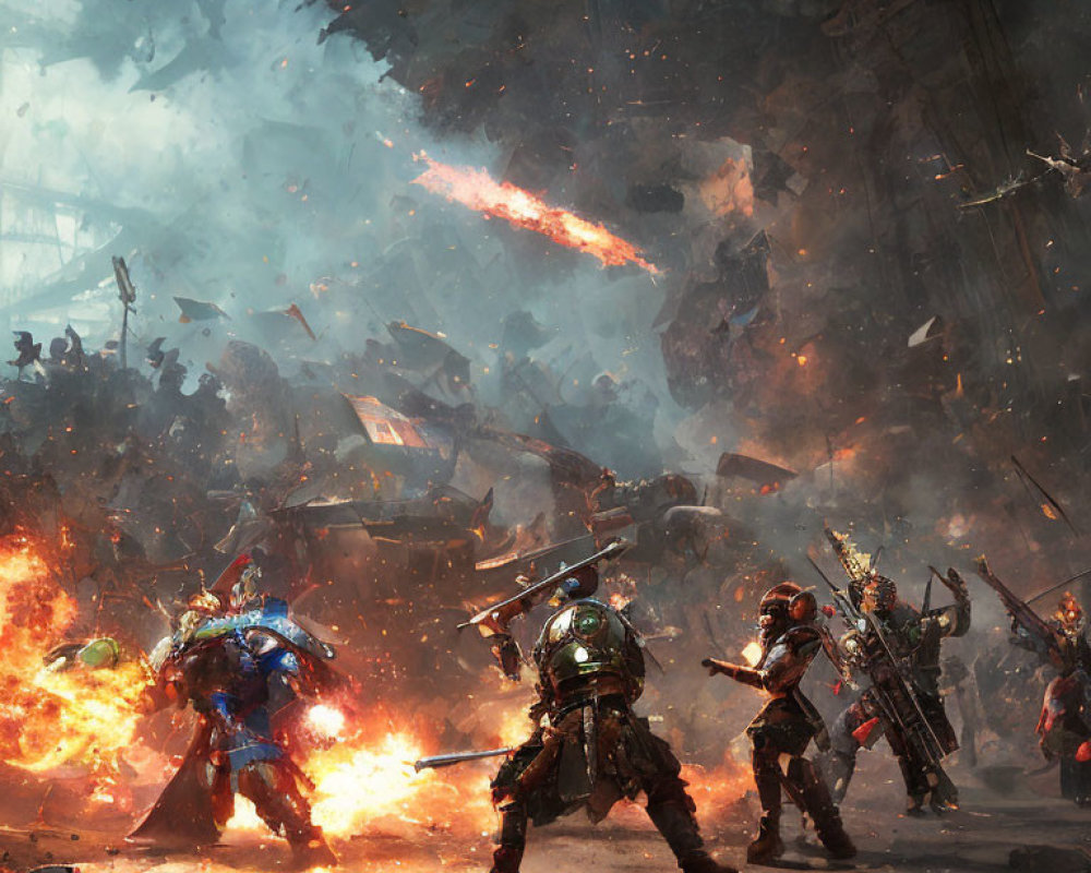 Sci-fi soldiers battle in armor with sword and flame weapon amid explosions.