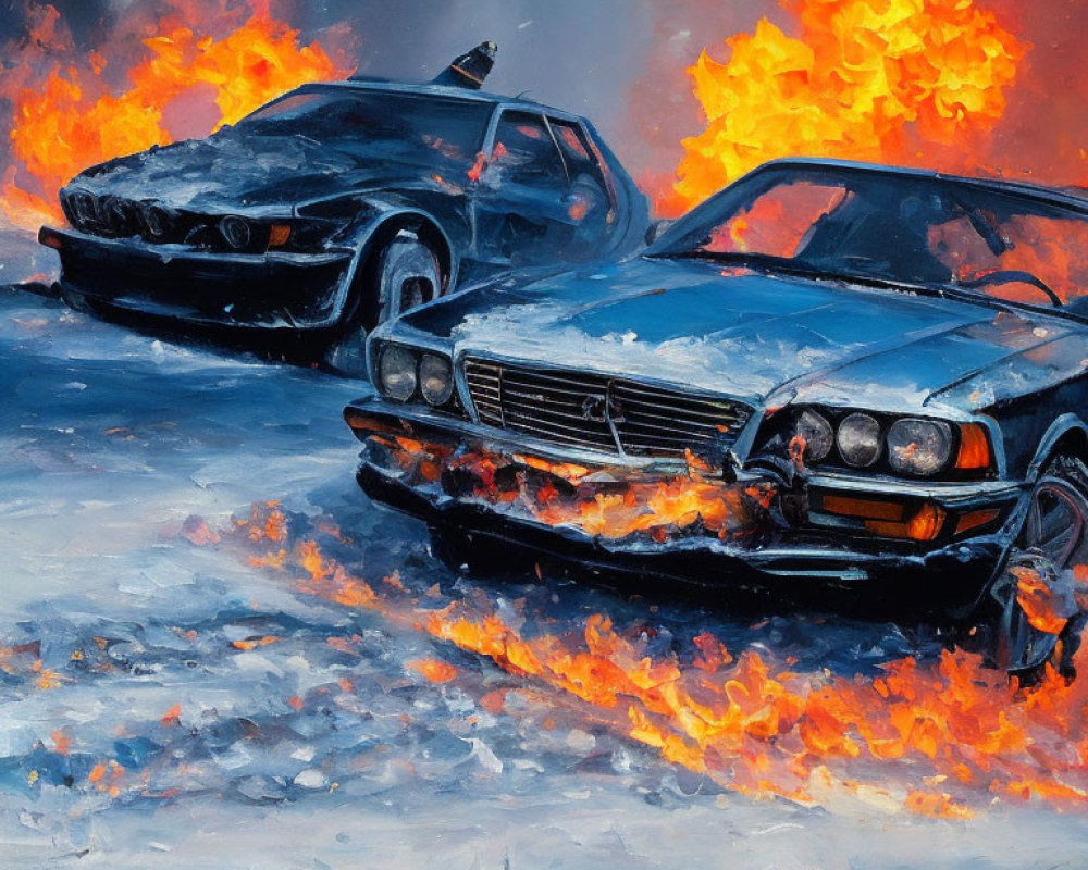 Vibrant oil painting of two cars on fire in red and orange hues