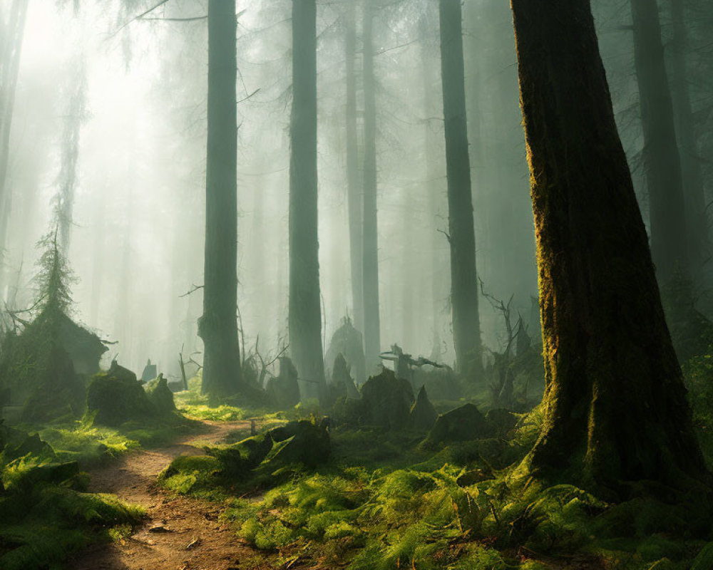 Tranquil forest path with sunlight, mist, green moss, and tree stumps