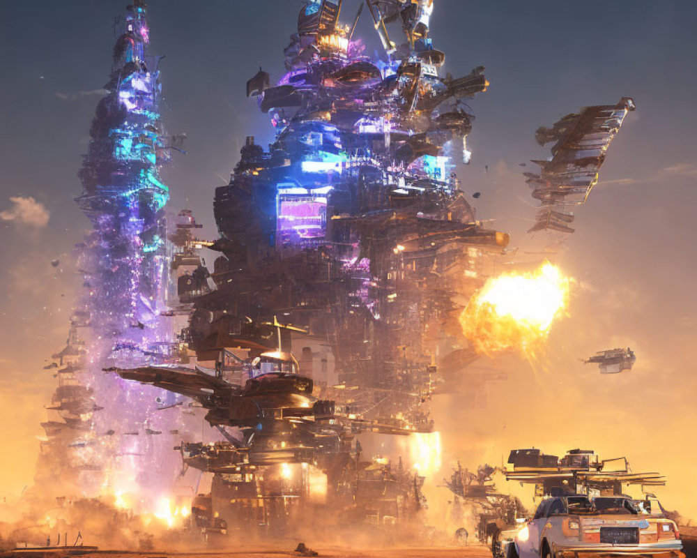 Futuristic cityscape with explosions, flying vehicles, and classic car at dusk