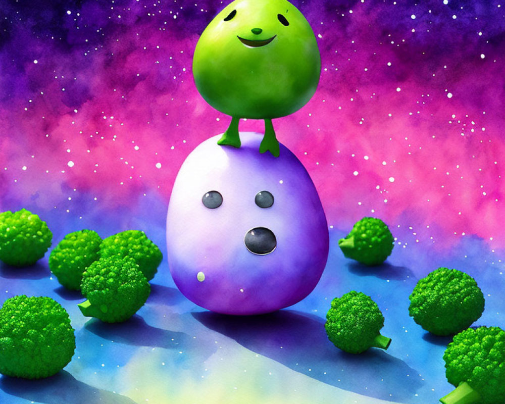 Whimsical green bean character on purple egg with broccoli in galaxy scene